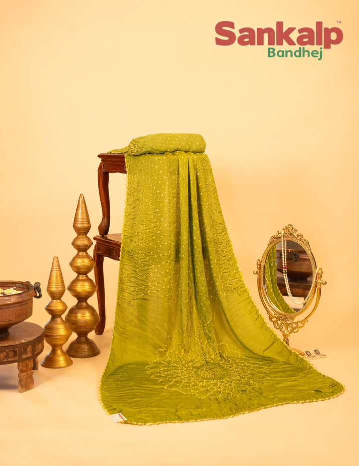 Green Pure Modal Silk Bandhani Saree With Lagdi Patta