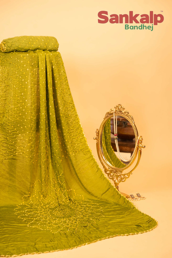 Green Pure Modal Silk Bandhani Saree With Lagdi Patta