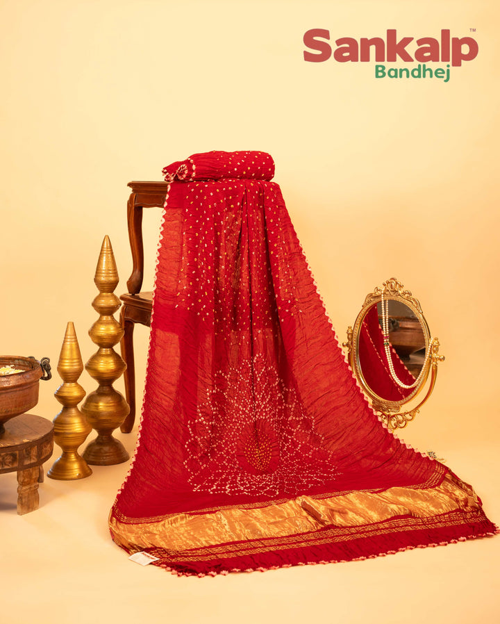 Deep Red Pure Modal Silk Bandhani Saree With Lagdi Patta