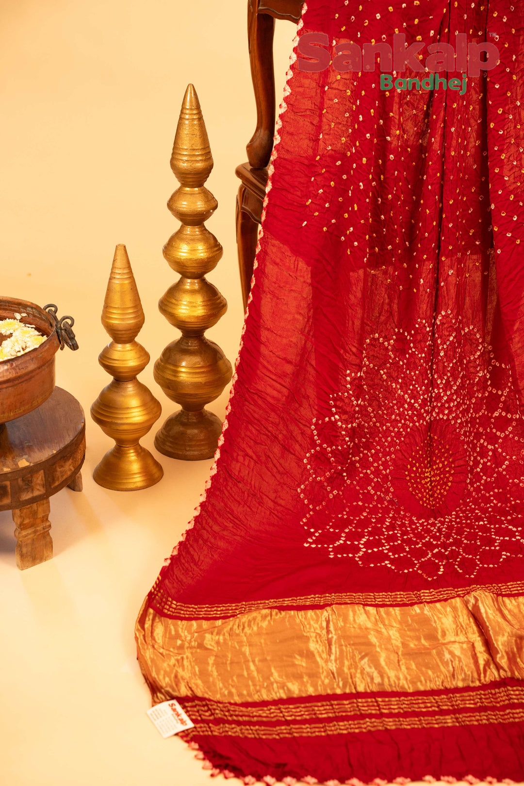 Deep Red Pure Modal Silk Bandhani Saree With Lagdi Patta