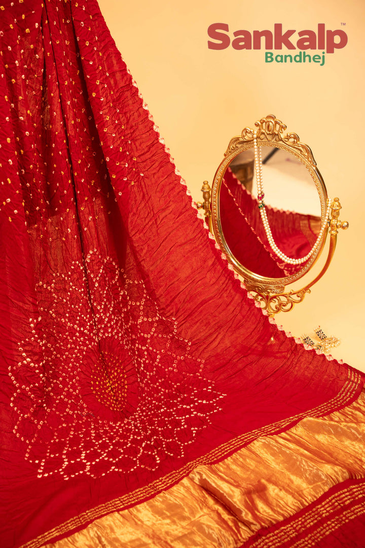 Deep Red Pure Modal Silk Bandhani Saree With Lagdi Patta