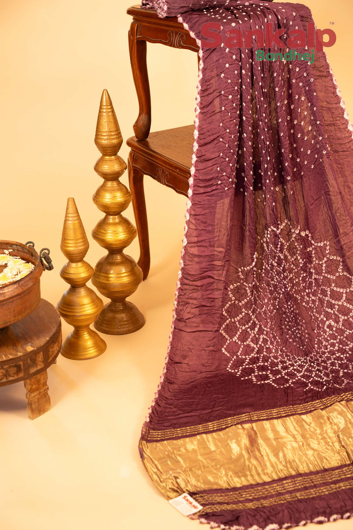 Deep Wine Pure Model Silk Bandhani Saree With Lagdi Patta