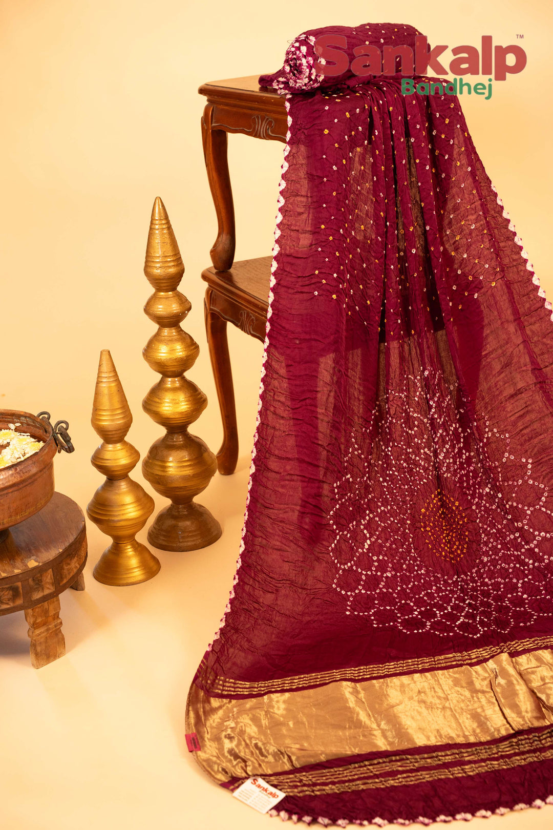 Wine Pure Modal Silk Bandhani Saree With Lagdi Patta