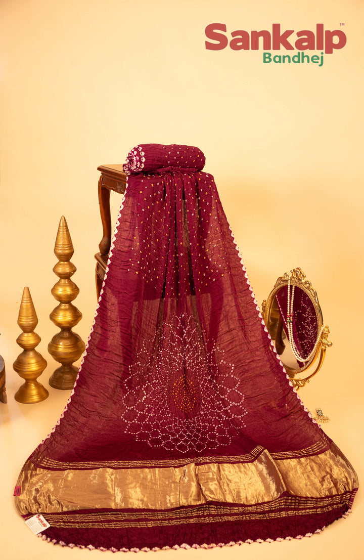 Wine Pure Modal Silk Bandhani Saree With Lagdi Patta