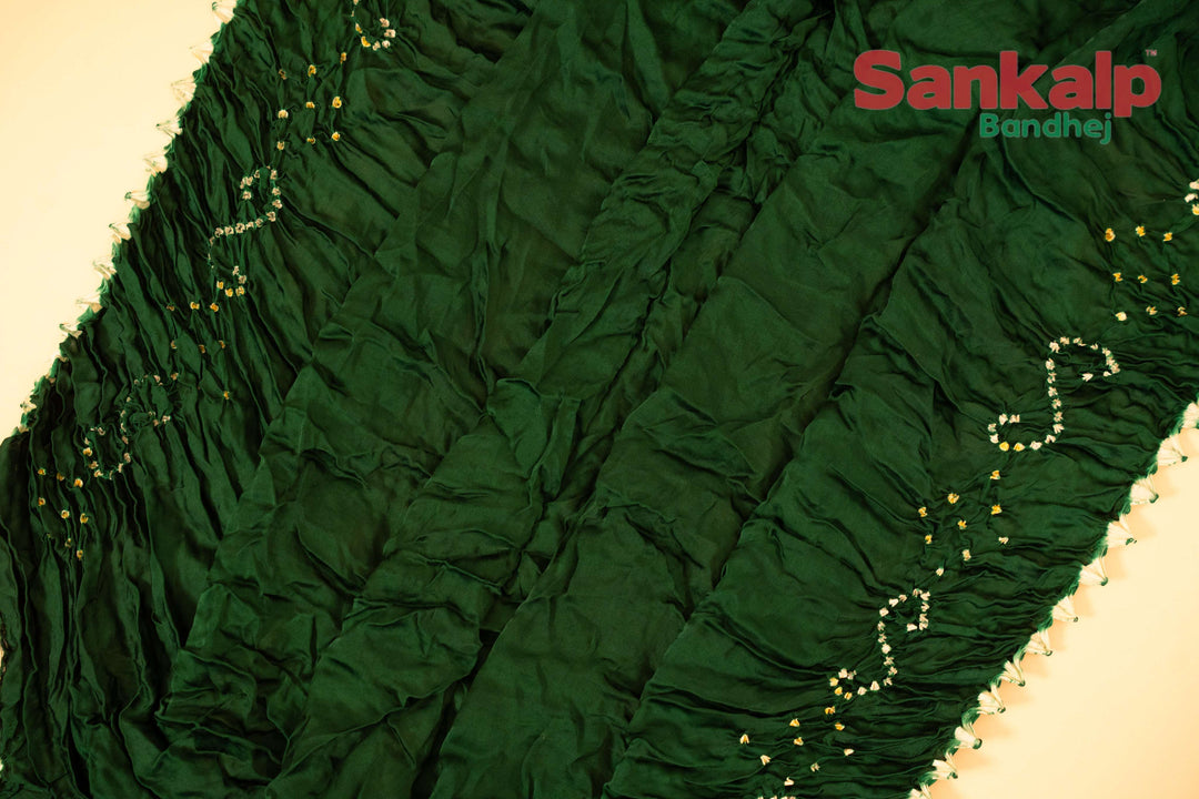 Dark Green Pure Modal Silk Bandhani Saree With Lagdi Patta