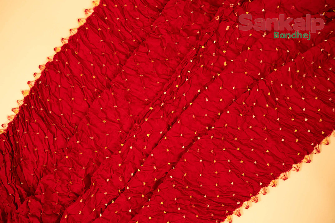 Deep Red Pure Modal Silk Bandhani Saree With Lagdi Patta