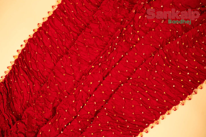 Deep Red Pure Modal Silk Bandhani Saree With Lagdi Patta