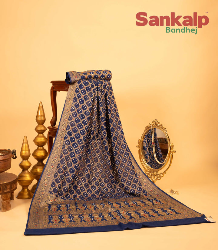 Dark Blue Pure Dupion Silk Bandhej Saree With Meena Work