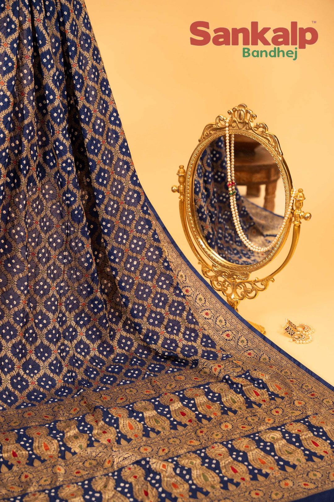 Dark Blue Pure Dupion Silk Bandhej Saree With Meena Work