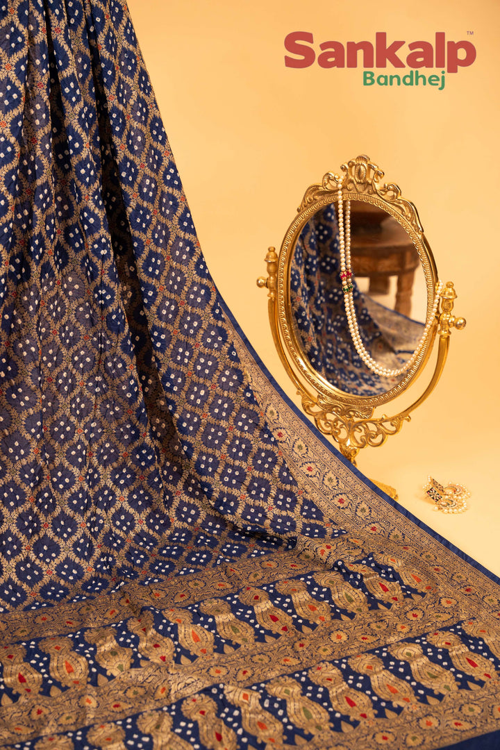 Dark Blue Pure Dupion Silk Bandhej Saree With Meena Work