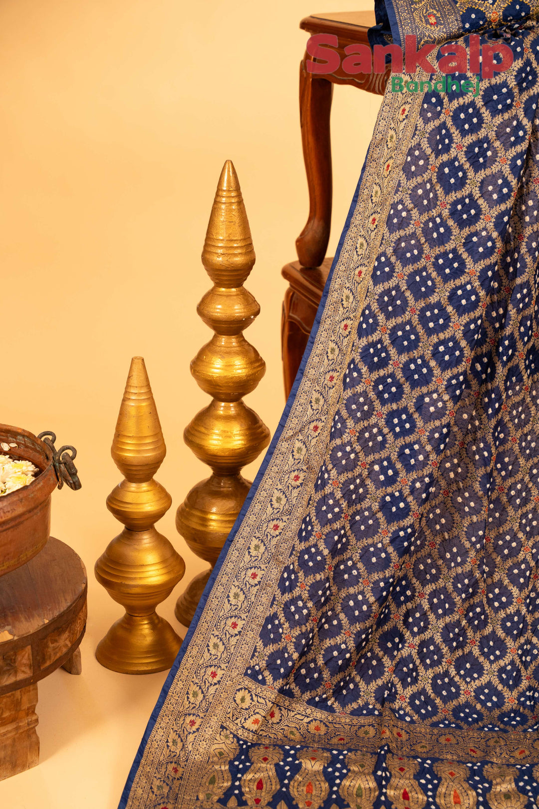 Dark Blue Pure Dupion Silk Bandhej Saree With Meena Work