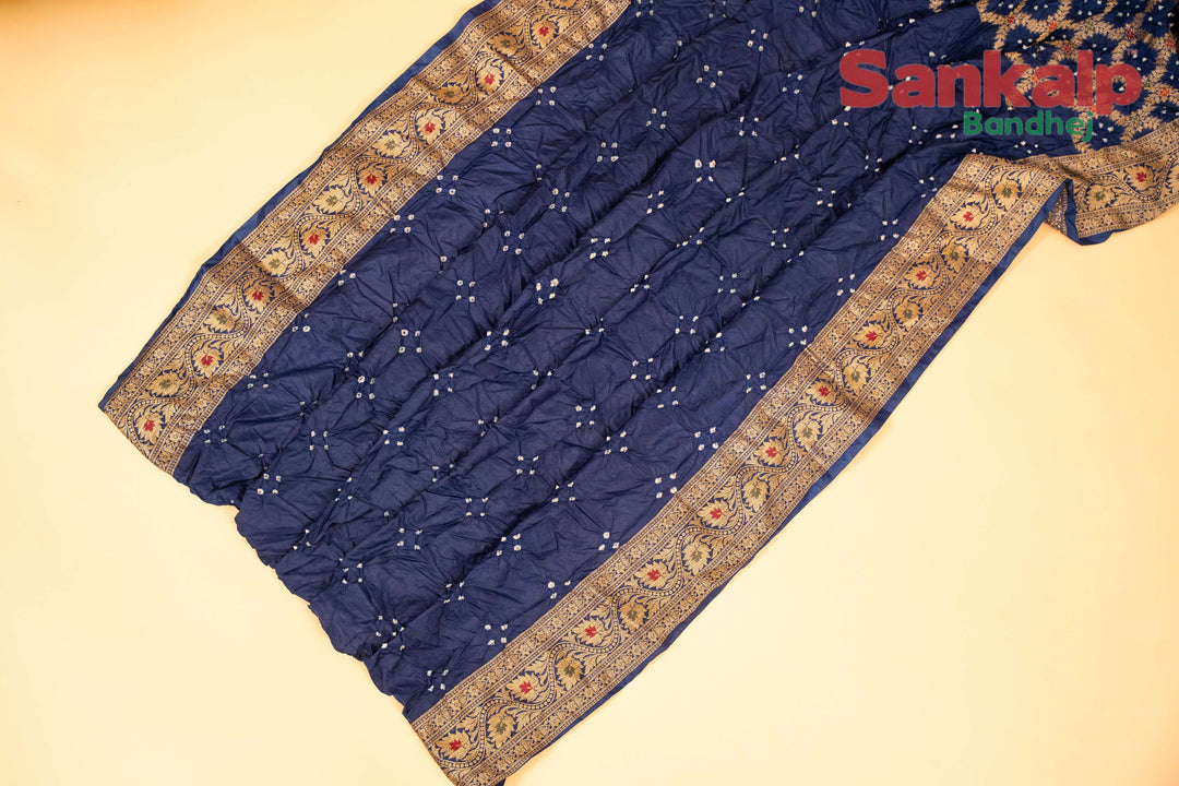 Dark Blue Pure Dupion Silk Bandhej Saree With Meena Work