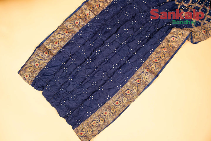 Dark Blue Pure Dupion Silk Bandhej Saree With Meena Work