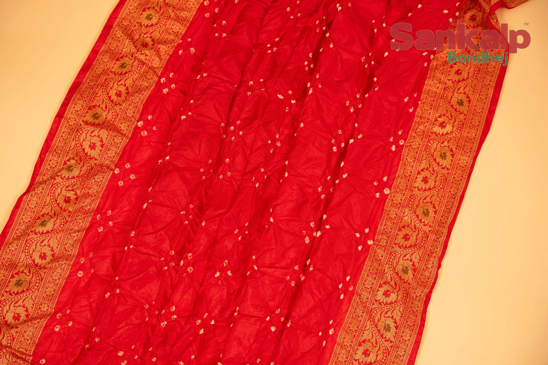Pure Dupion Silk Bandhej Saree With Meena Work in Orange Color