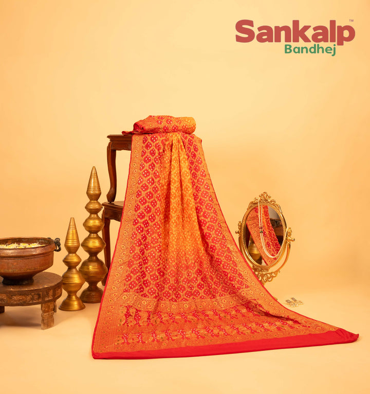 Pink and Yellow Pure Dupion Silk Bandhej Saree With Meena Work