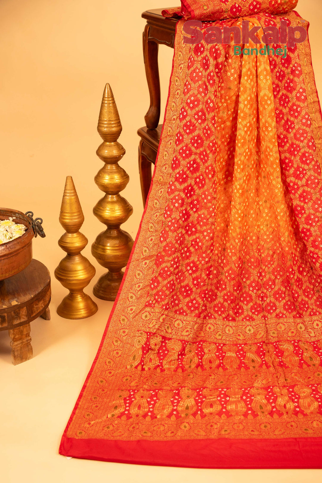 Pink and Yellow Pure Dupion Silk Bandhej Saree With Meena Work