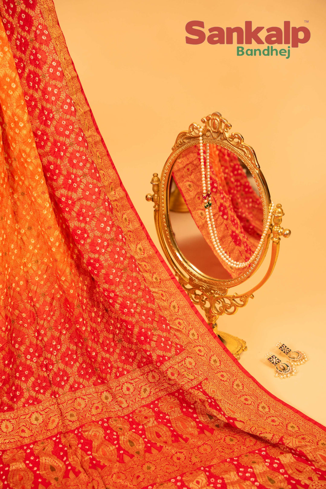 Pink and Yellow Pure Dupion Silk Bandhej Saree With Meena Work