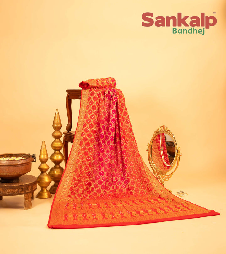 Orange and Pink Pure Dupion Silk Bandhej Saree With Meena Work