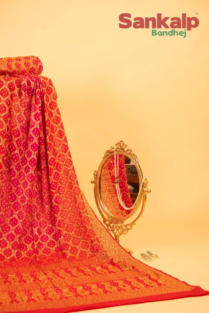 Pure Dupion Silk Bandhej Saree With Meena Work