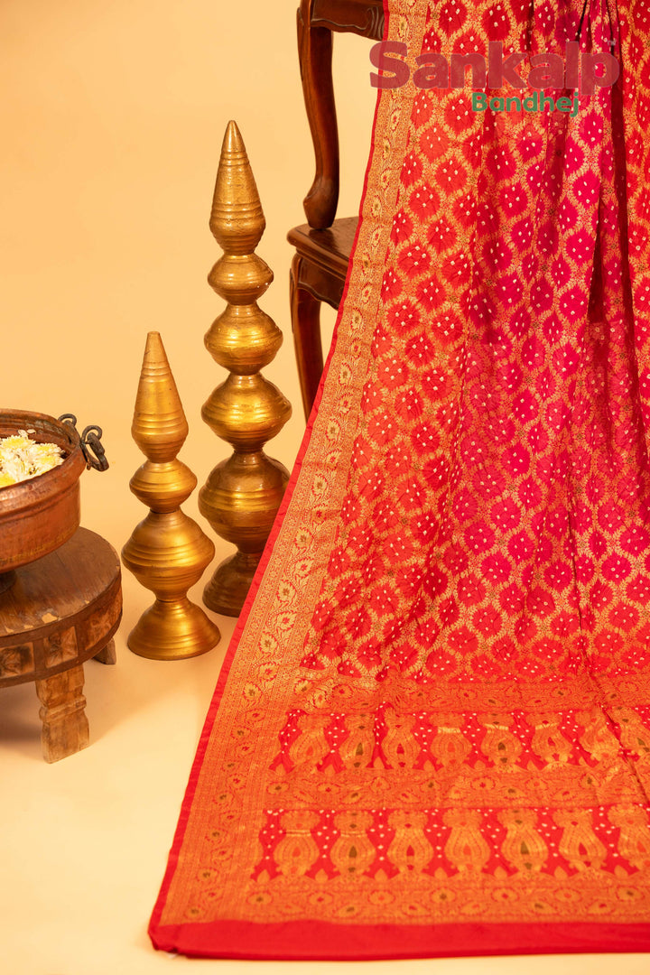 Orange and Pink Pure Dupion Silk Bandhej Saree With Meena Work