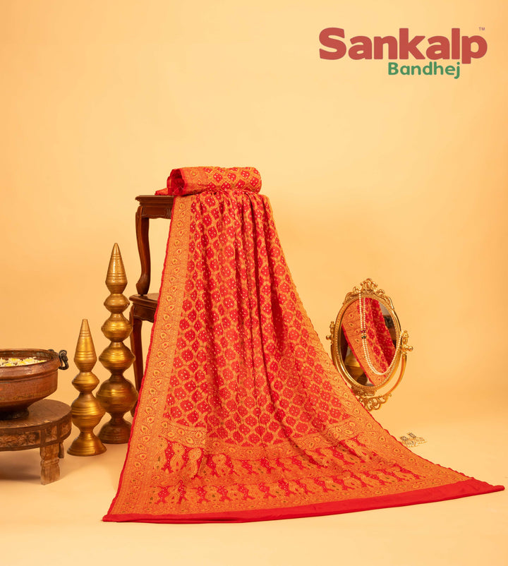 Pure Dupion Silk Bandhej Saree With Meena Work in Orange Color