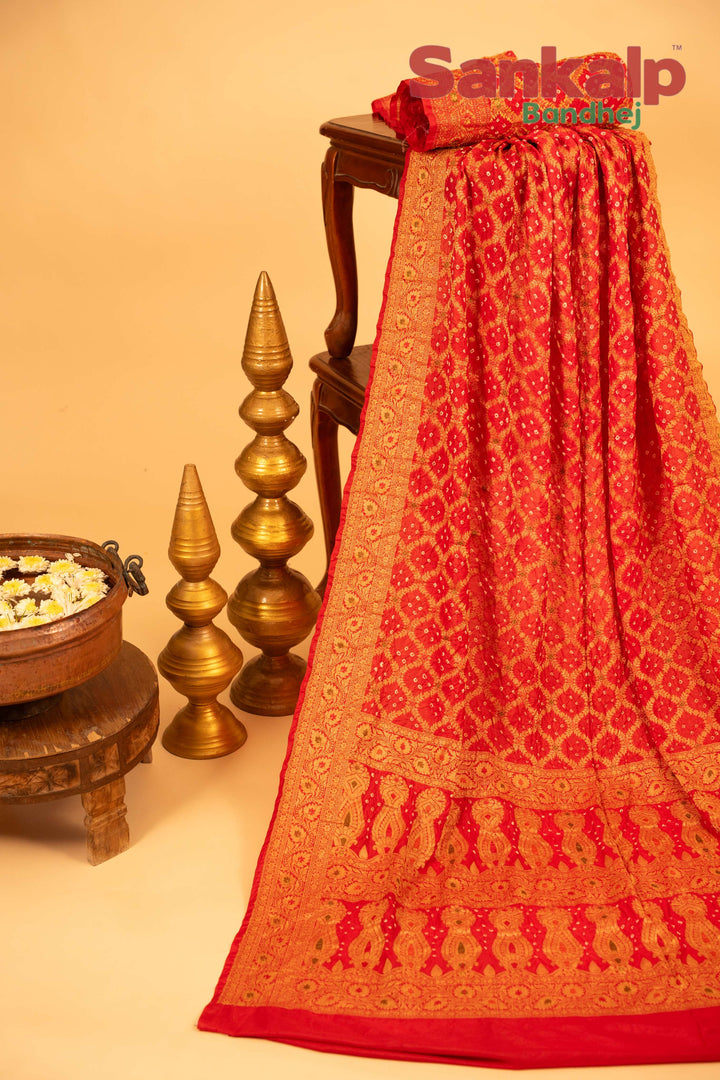 Pure Dupion Silk Bandhej Saree With Meena Work in Orange Color