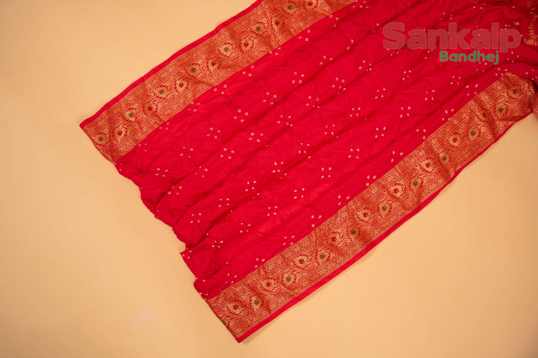 Orange and Pink Pure Dupion Silk Bandhej Saree With Meena Work