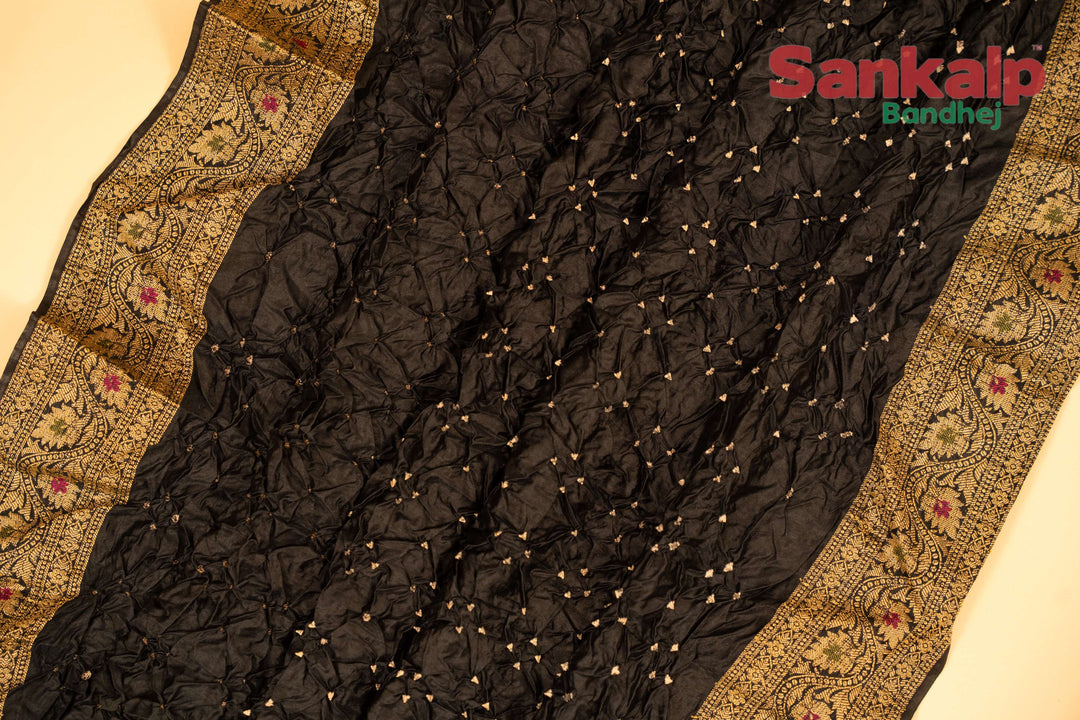 Black Pure Dupion Silk Bandhej Saree With Meena Work