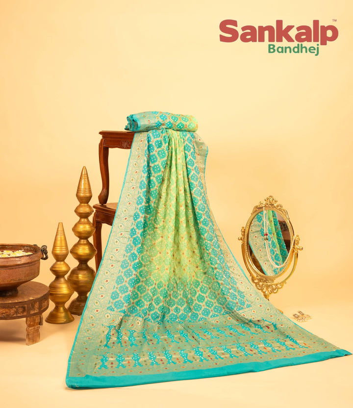 Dual Color Pure Dupion Silk Bandhej Saree With Meena Work