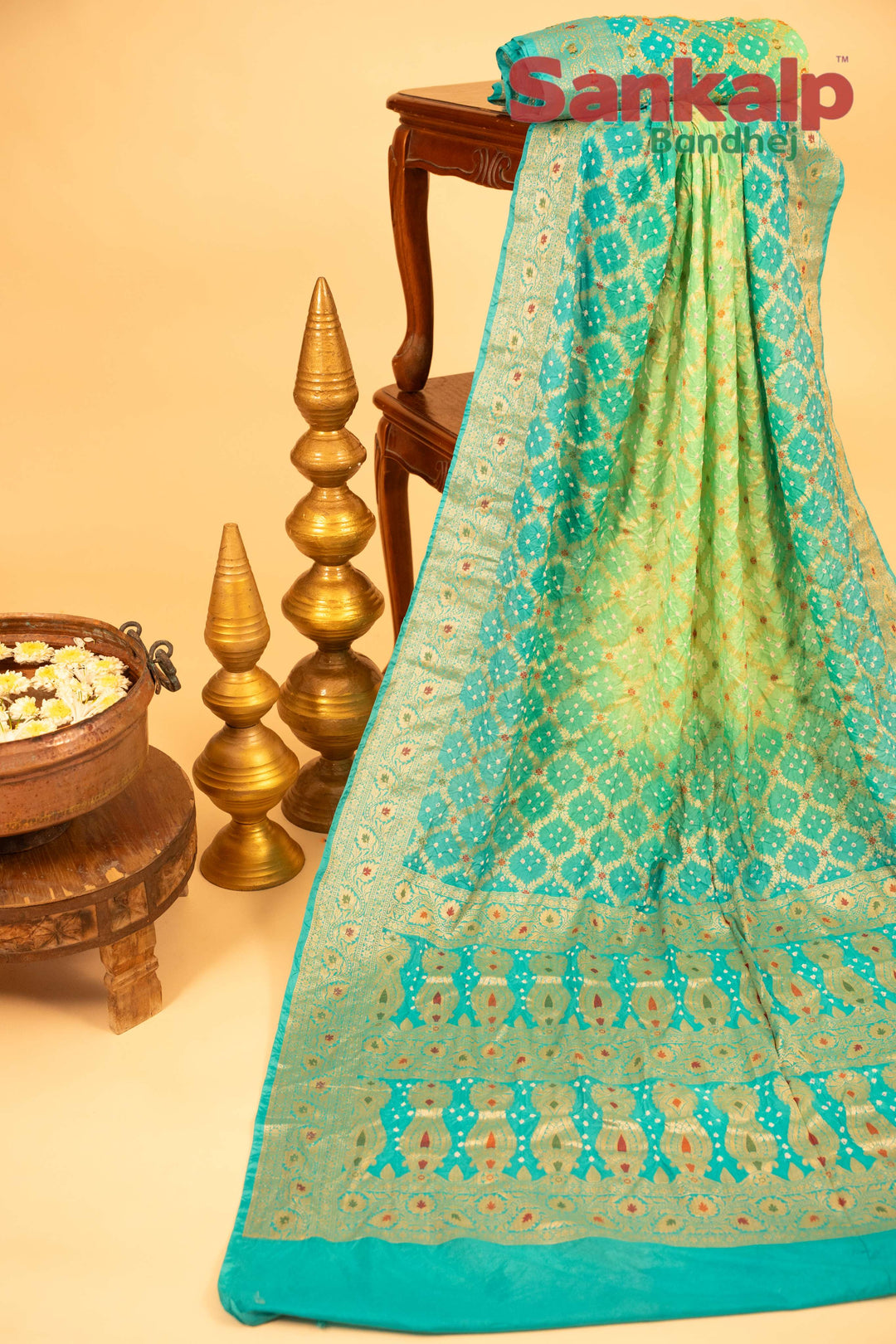 Dual Color Pure Dupion Silk Bandhej Saree With Meena Work