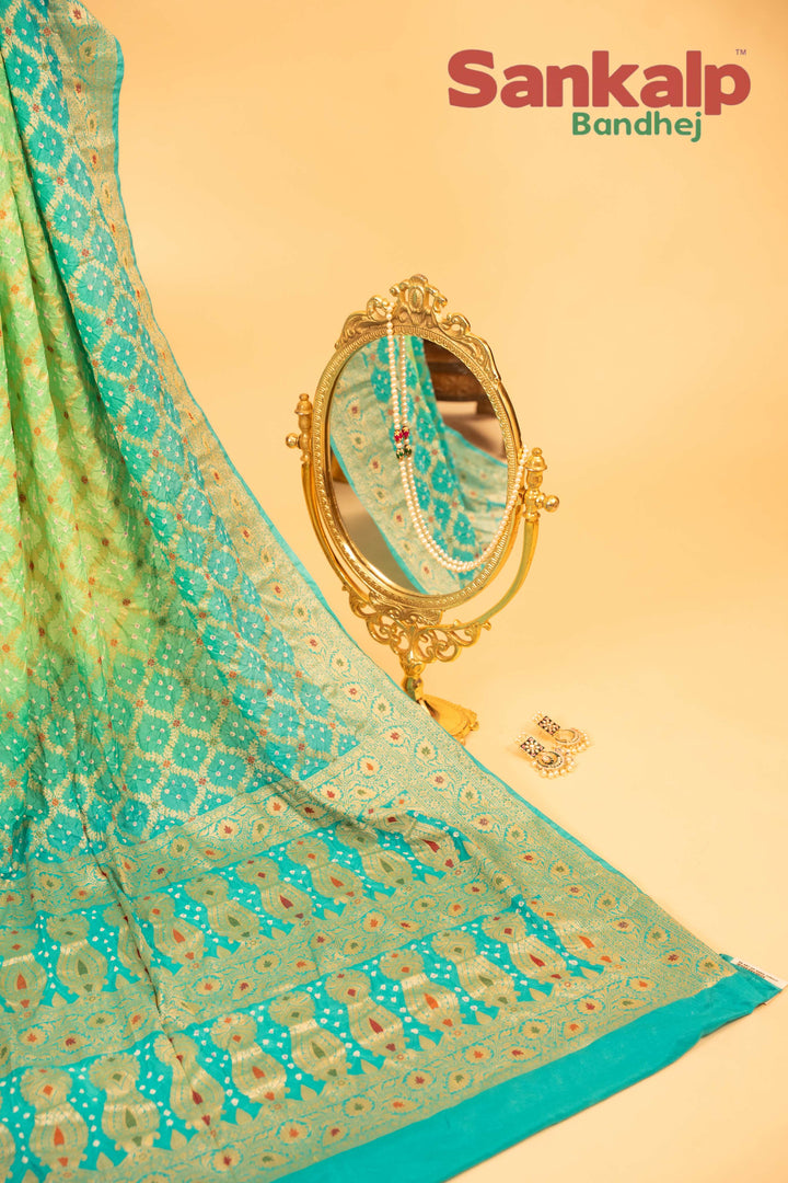 Dual Color Pure Dupion Silk Bandhej Saree With Meena Work