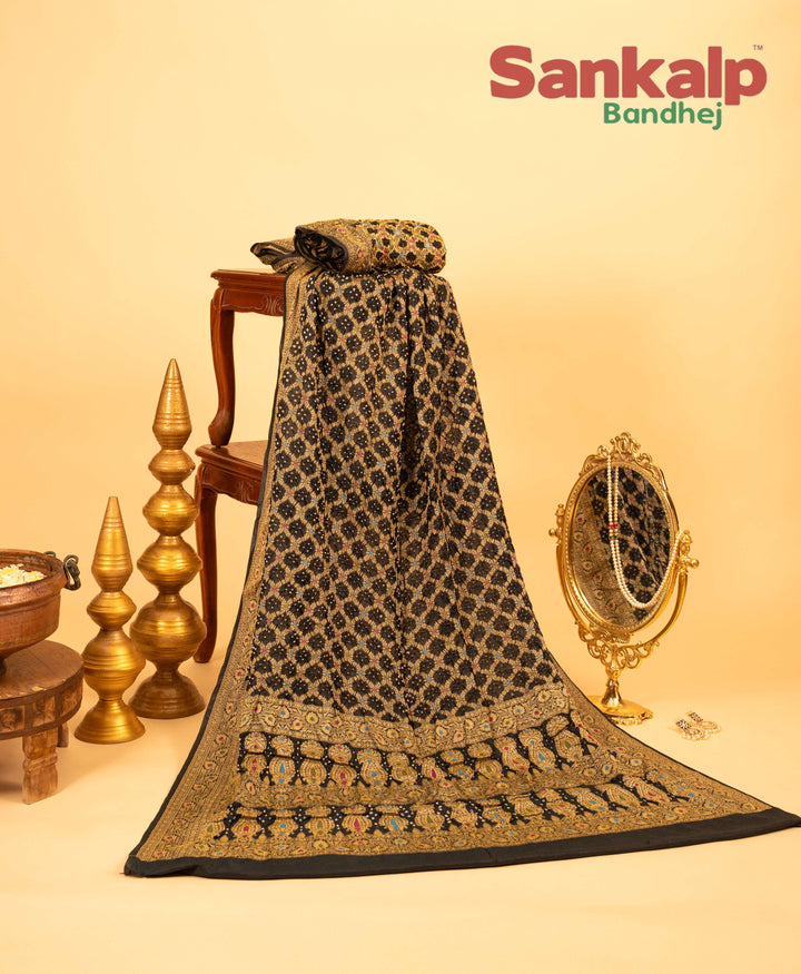 Black Pure Dupion Silk Bandhej Saree With Meena Work