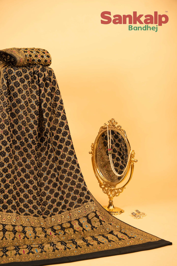Black Pure Dupion Silk Bandhej Saree With Meena Work