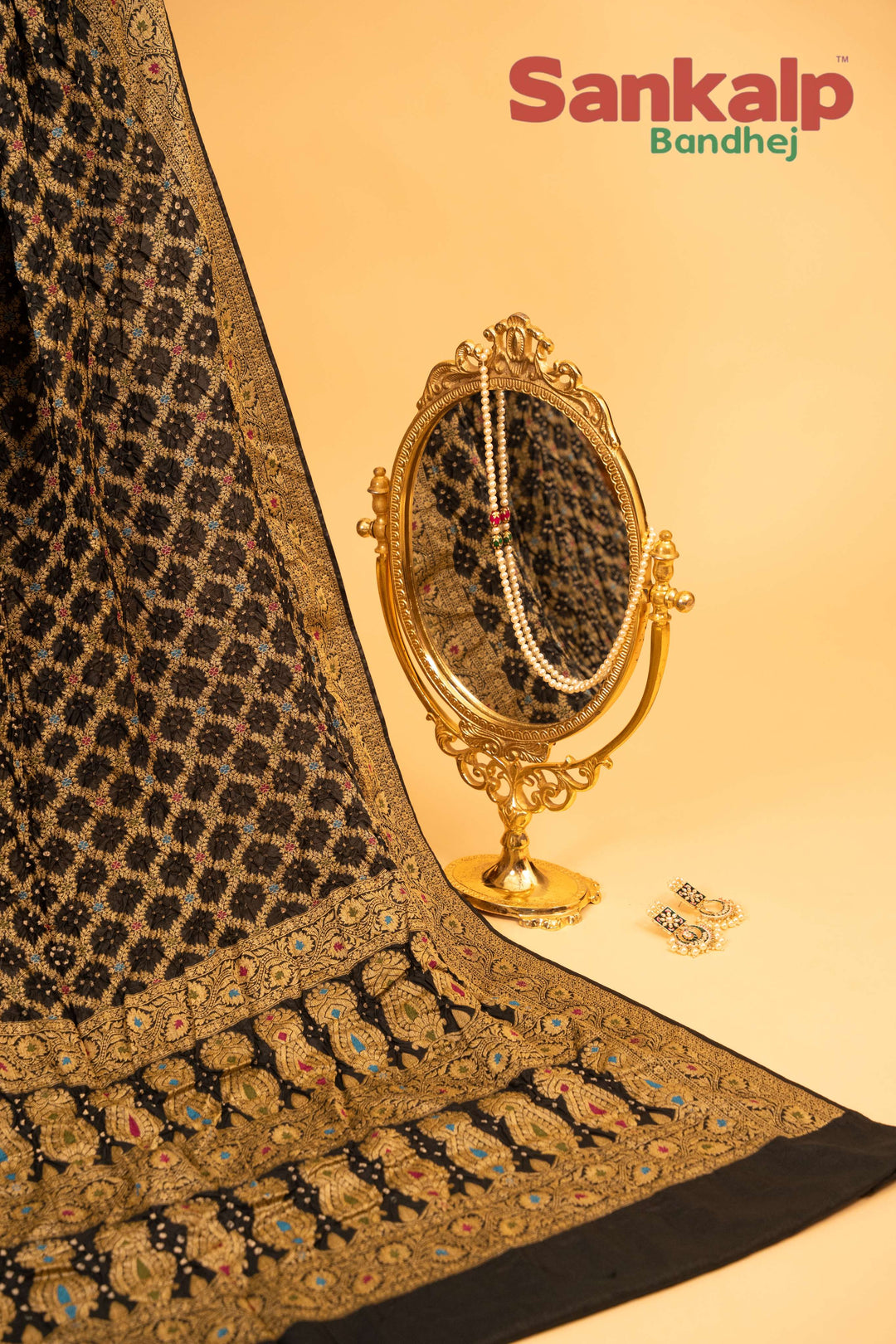 Black Pure Dupion Silk Bandhej Saree With Meena Work