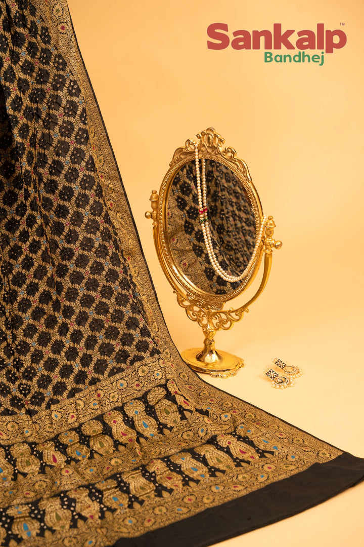 Black Pure Dupion Silk Bandhej Saree With Meena Work