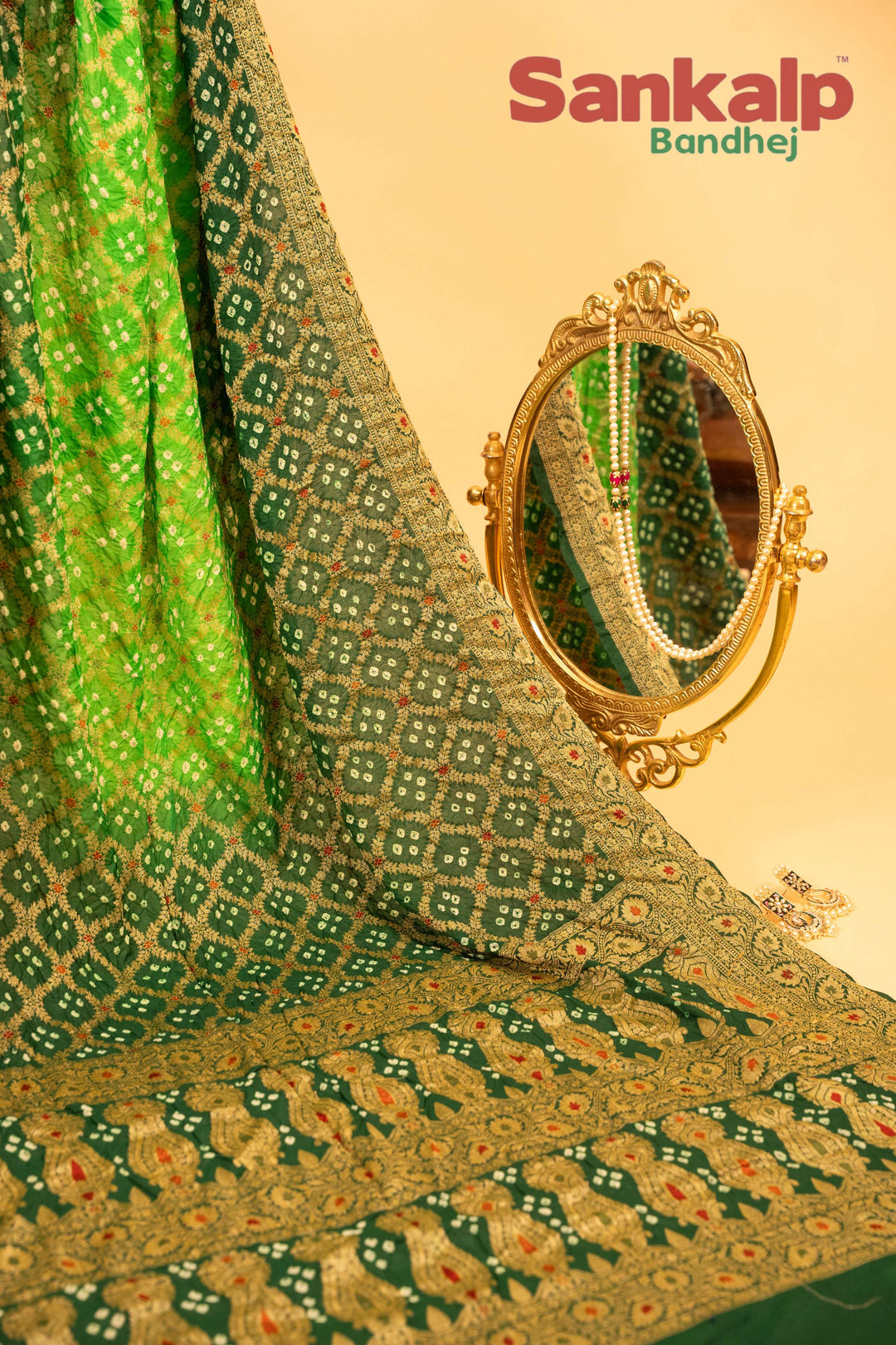 Dark Green Pure Dupion Silk Bandhej Saree With Meena Work