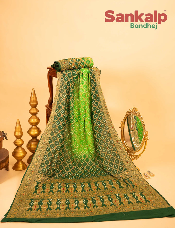 Dark Green Pure Dupion Silk Bandhej Saree With Meena Work