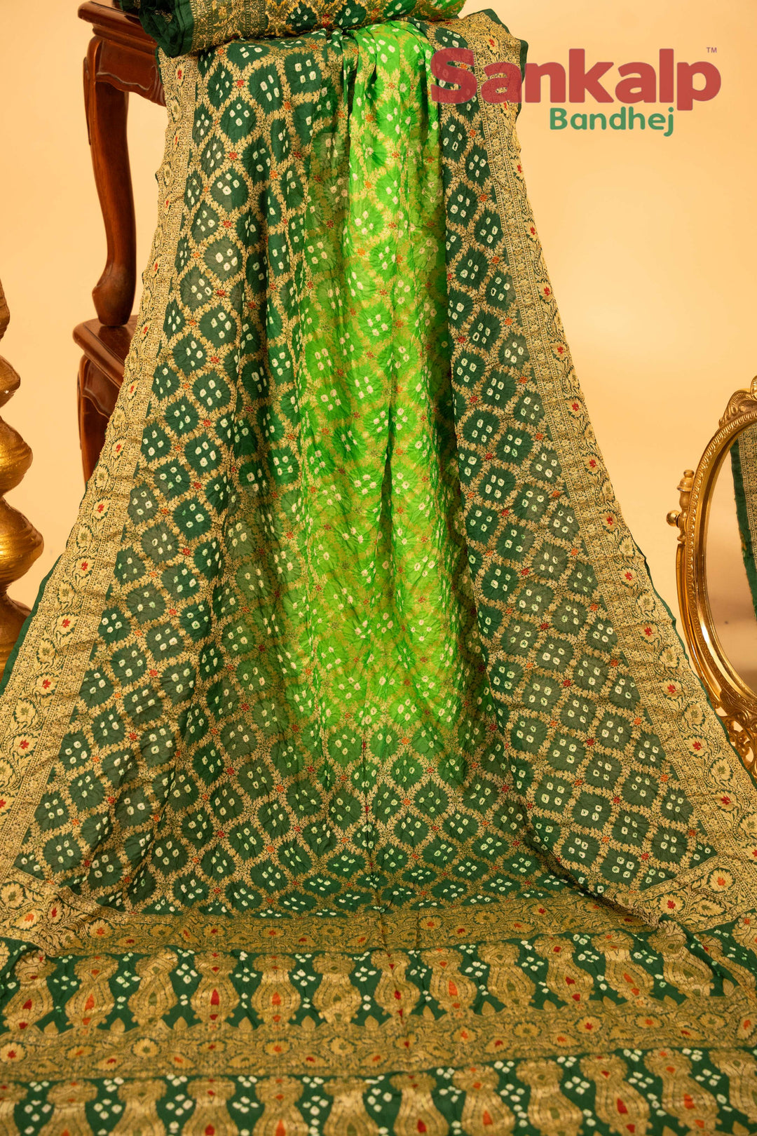 Dark Green Pure Dupion Silk Bandhej Saree With Meena Work