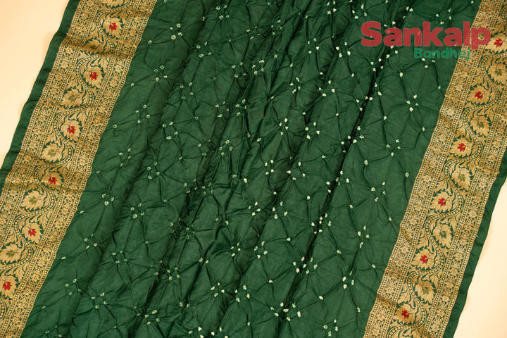 Dark Green Pure Dupion Silk Bandhej Saree With Meena Work