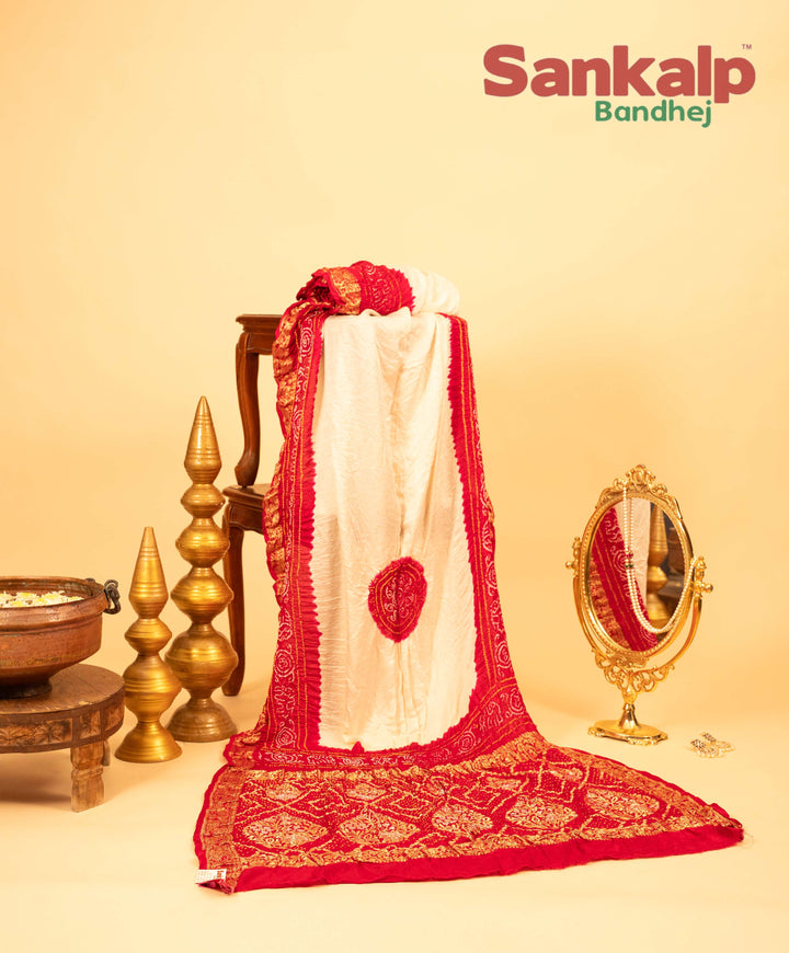 Red Pure Gajji Silk Bandhej Saree With Banarasi Border