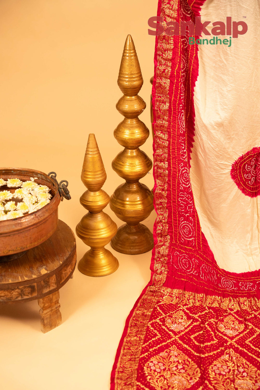 Red Pure Gajji Silk Bandhej Saree With Banarasi Border