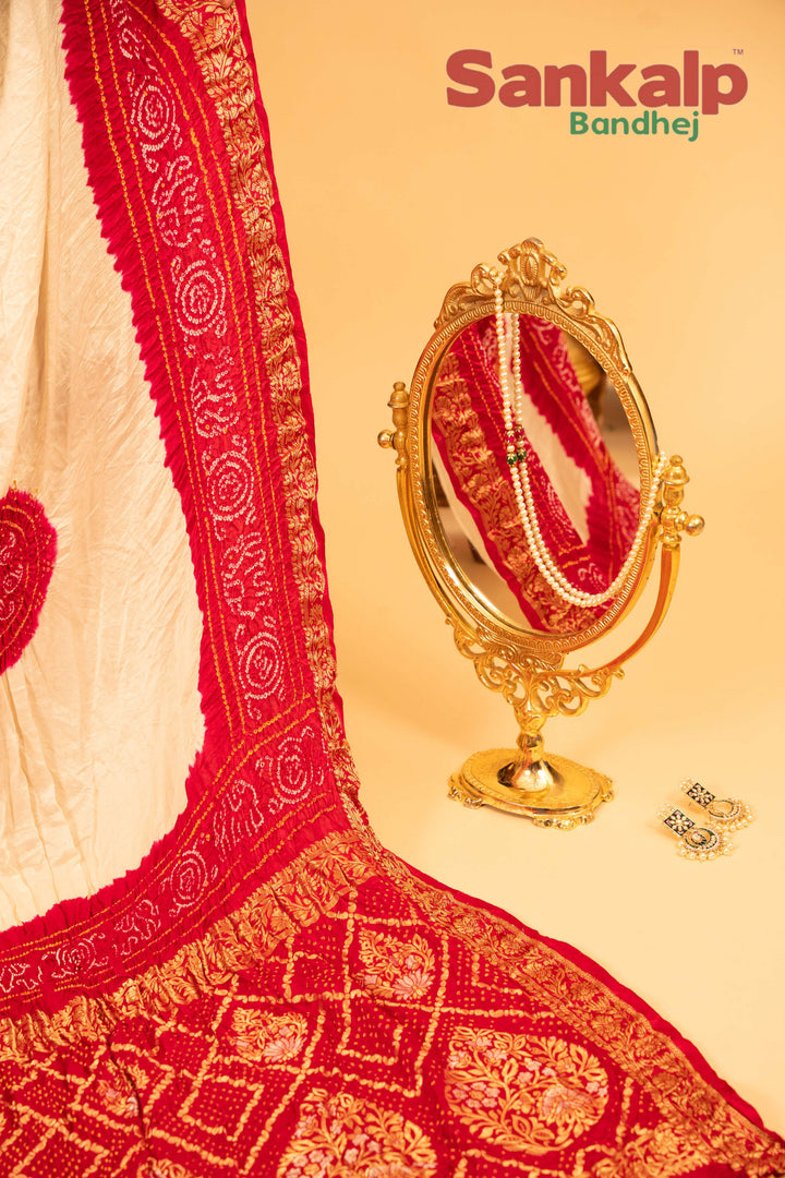 Red Pure Gajji Silk Bandhej Saree With Banarasi Border