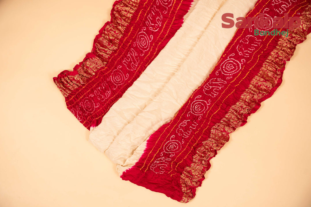 Red Pure Gajji Silk Bandhej Saree With Banarasi Border