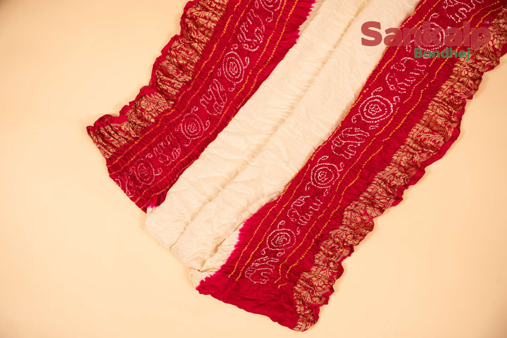 Red Pure Gajji Silk Bandhej Saree With Banarasi Border