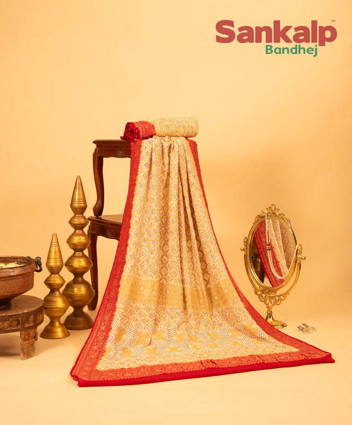 Off White Pure Banarasi Georgette Bandhej Saree in Upada Design
