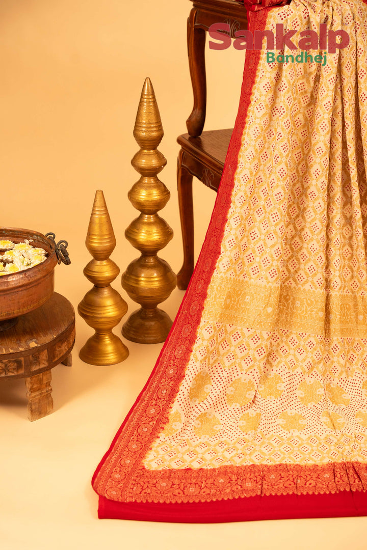 Off White Pure Banarasi Georgette Bandhej Saree in Upada Design