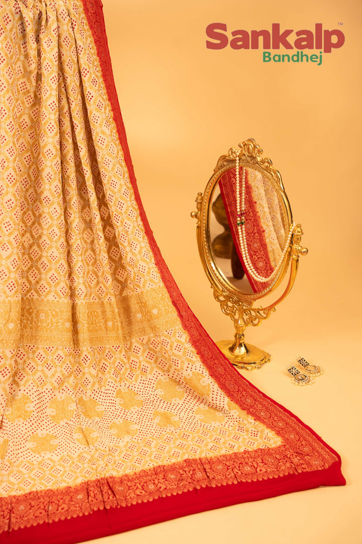 Off White Pure Banarasi Georgette Bandhej Saree in Upada Design