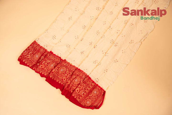 Off White Pure Banarasi Georgette Bandhej Saree in Upada Design