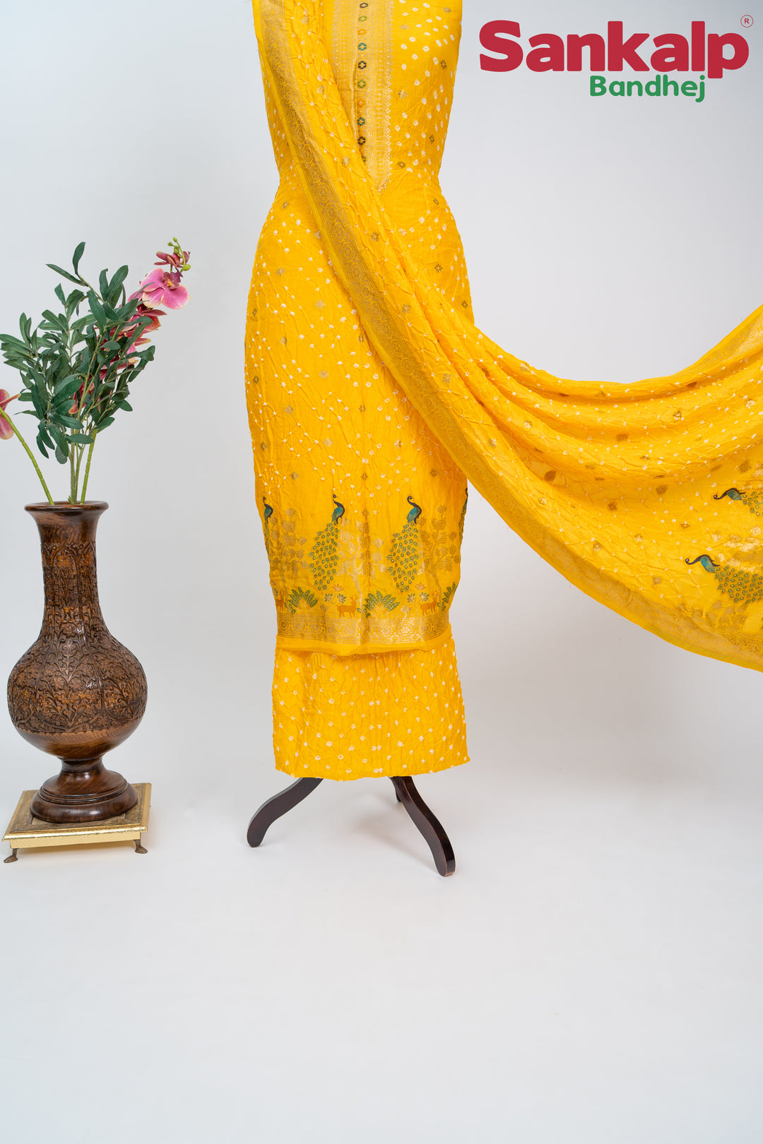 Lemon Yellow  Bandhani Tussar Silk Dress Material