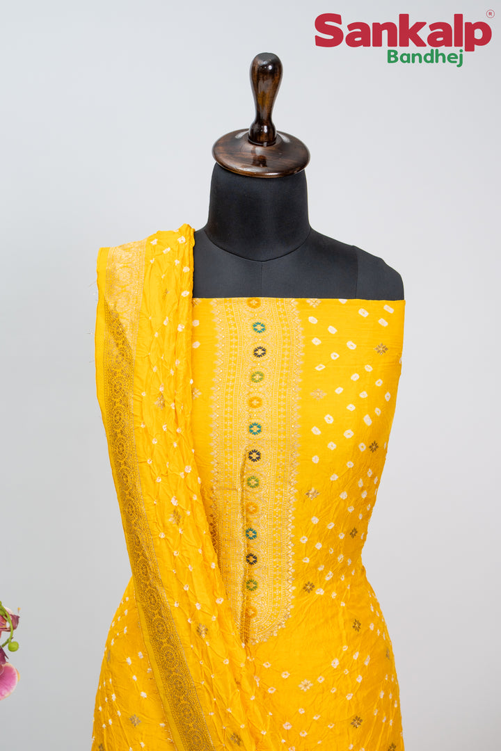 Lemon Yellow  Bandhani Tussar Silk Dress Material